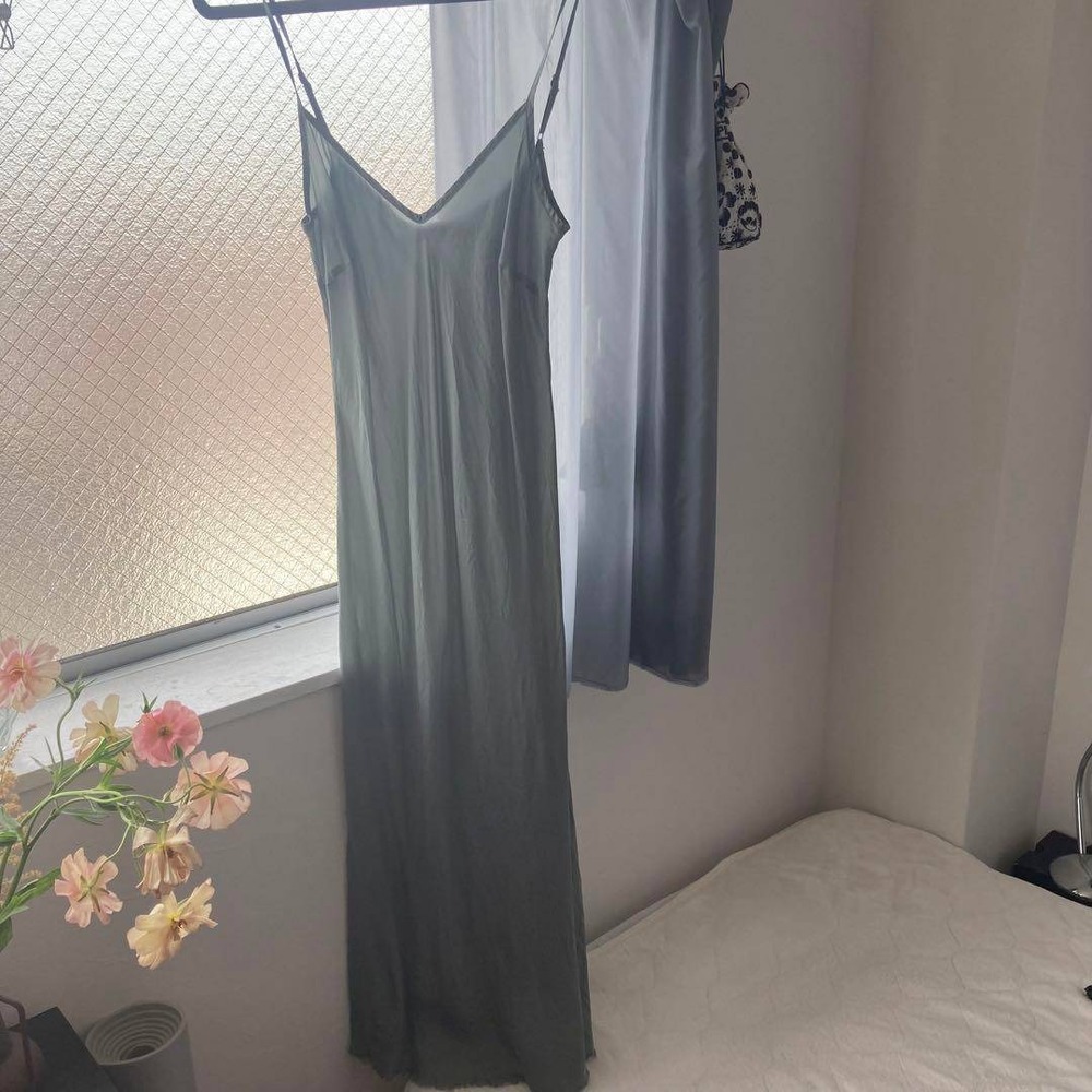 Organic by John Patrick Sage Green Cupro Slip‎ Dress XS Made in USA V-Neck Midi